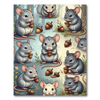 Whimsical Gray Mouse and Acorn Illustration Rug