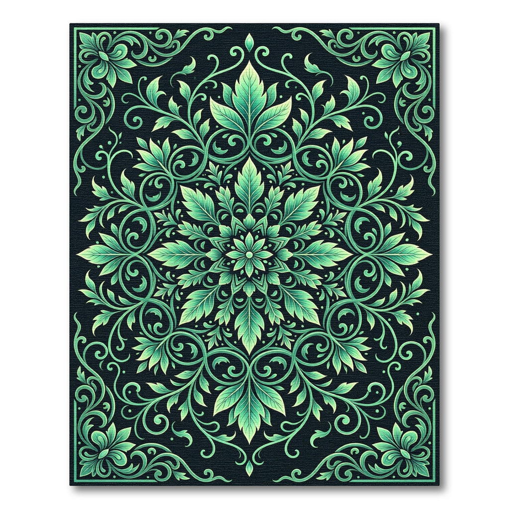 Emerald Green Leafy Mandala Flourish Rug
