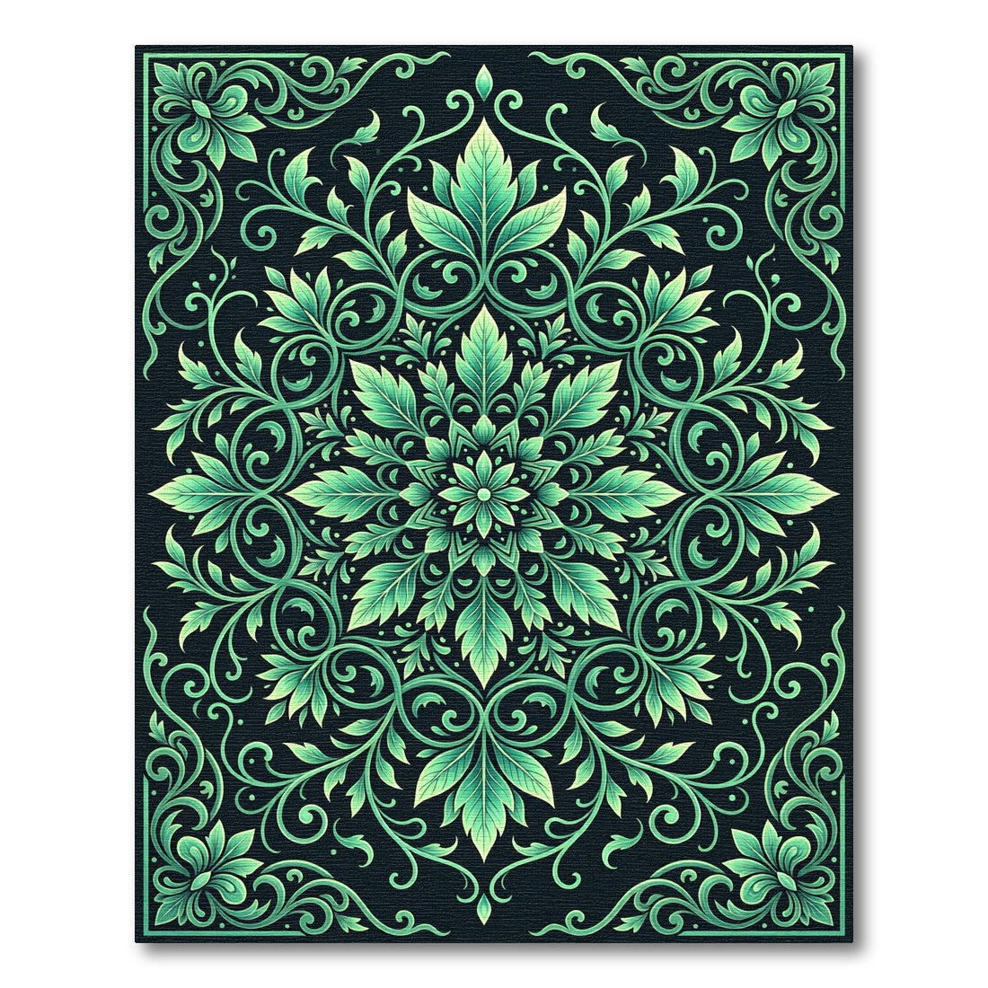 Emerald Green Leafy Mandala Flourish Rug