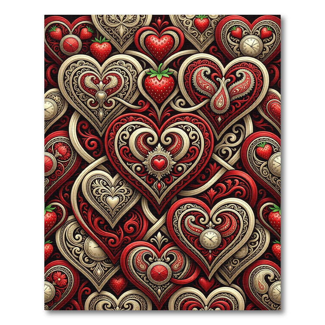 Ornate Crimson Heart Strawberry Clockwork Rug