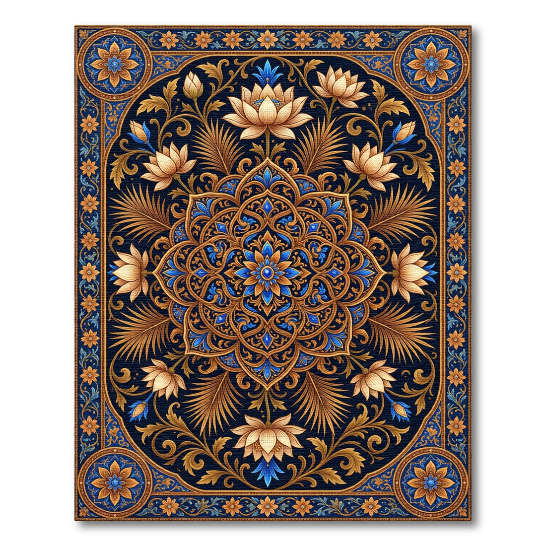 Ornate Blue and Gold Lotus Medallion Rug