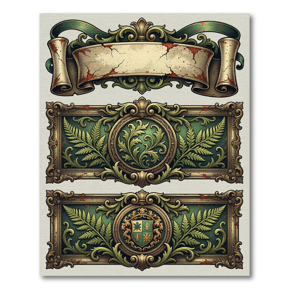 Ornate Green Gold Fern Crest Border Rug