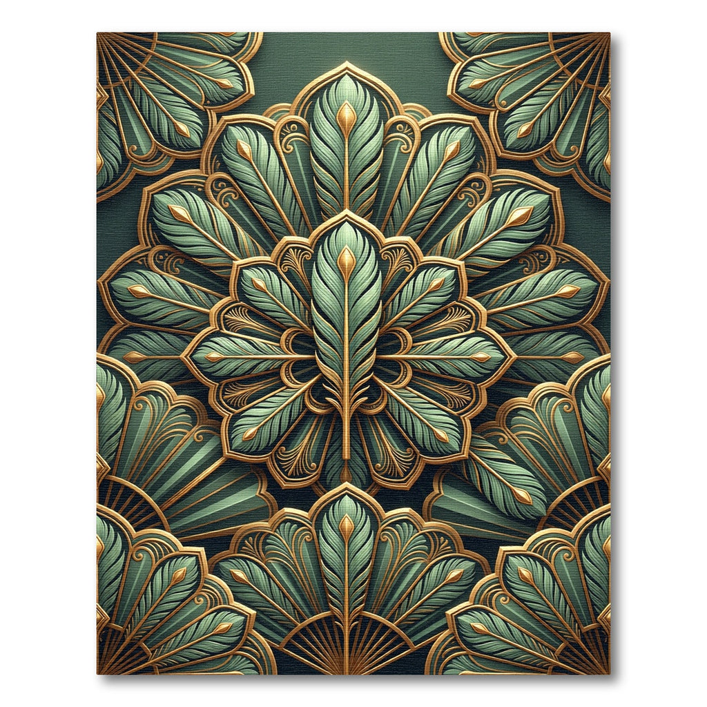 Emerald Gold Feathered Fan Mandala Rug