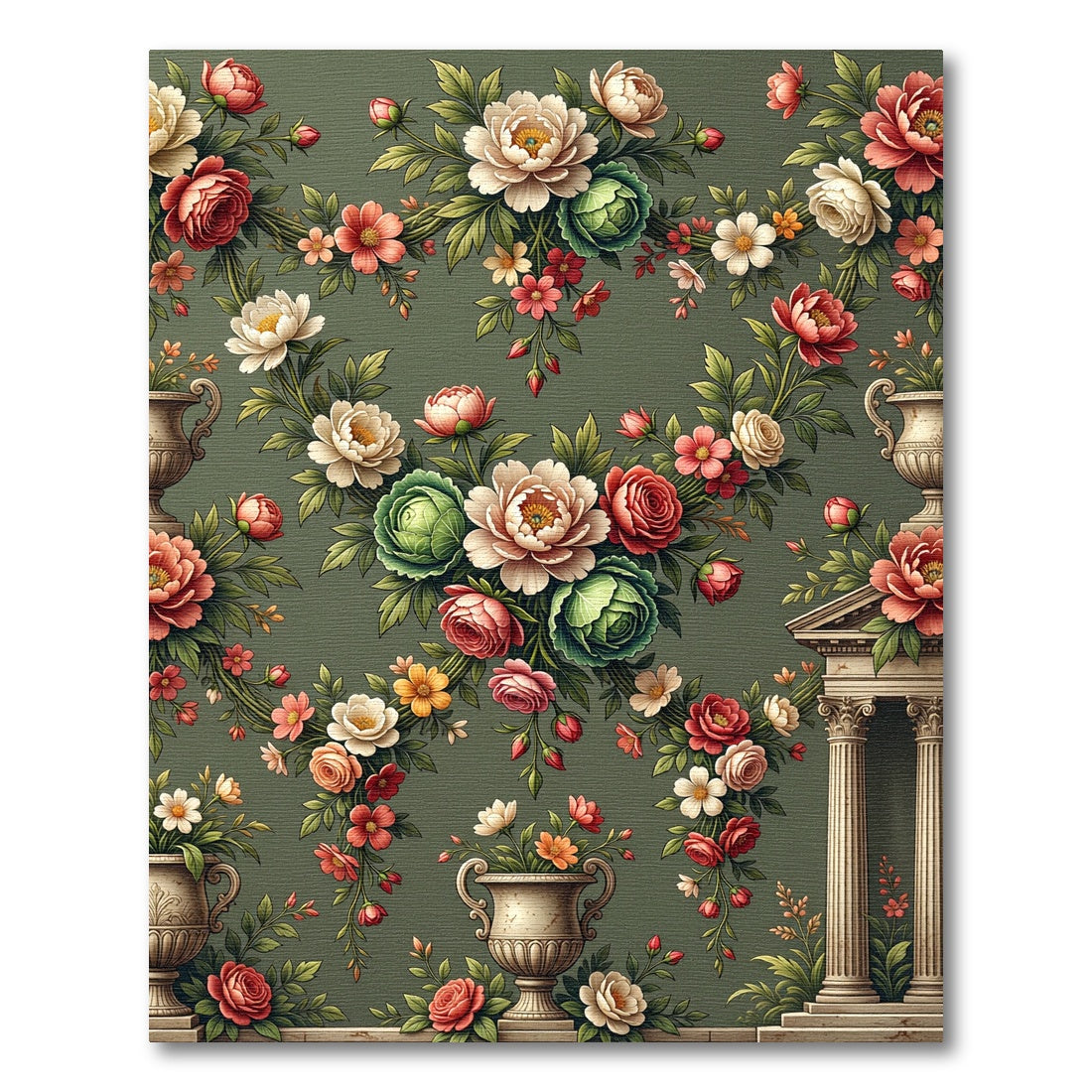 Vintage Floral Bouquet Olive Green Rug