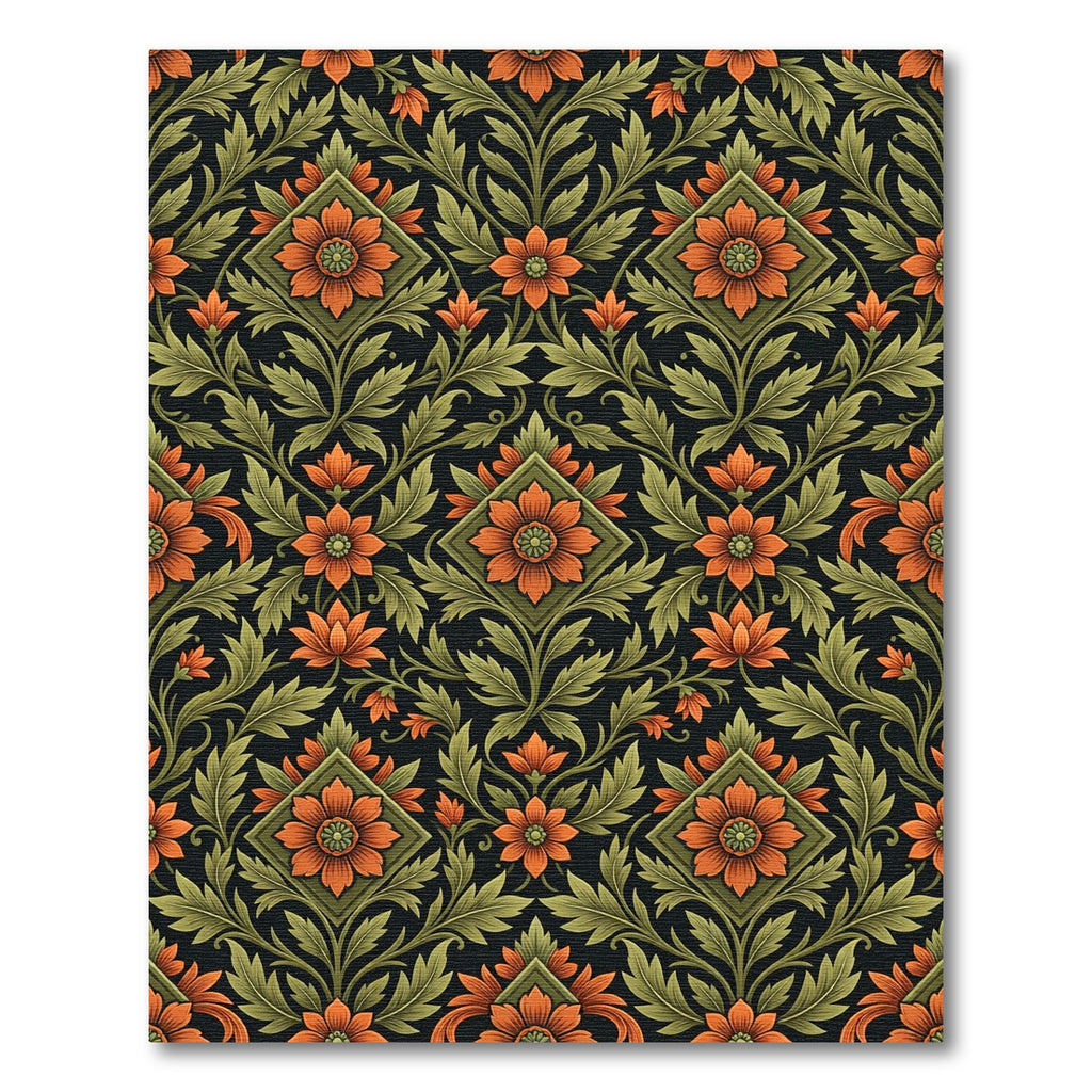 Vintage Orange Floral Square Medallion Rug