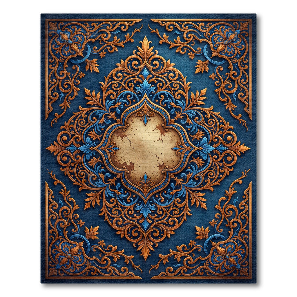 Intricate Royal Blue Golden Scrollwork Rug