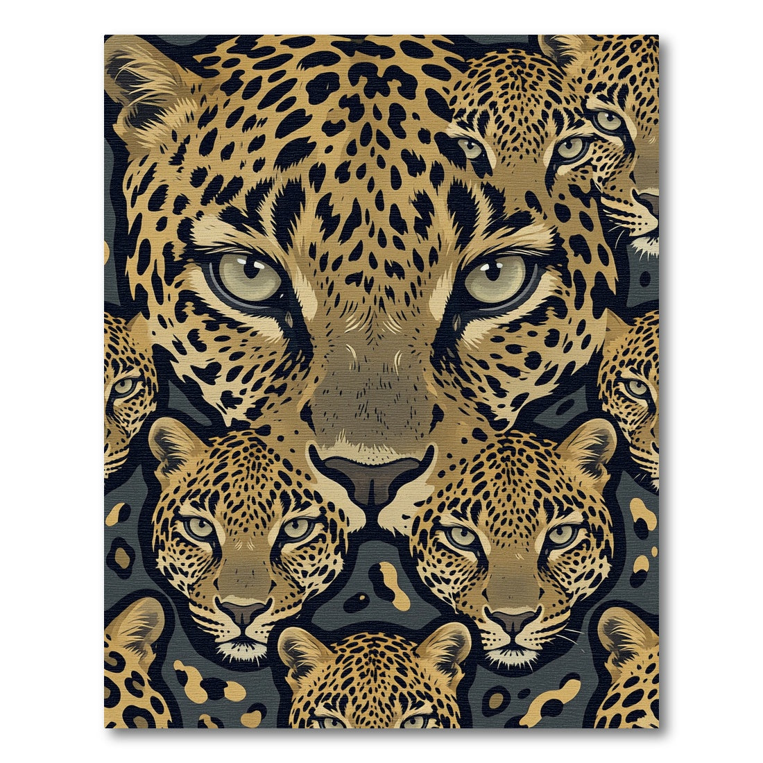 Detailed Golden Leopard Faces Abstract Rug