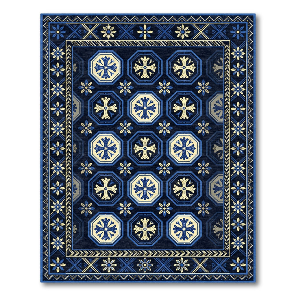 Elegant Navy and Gold Octagon Tile Rug