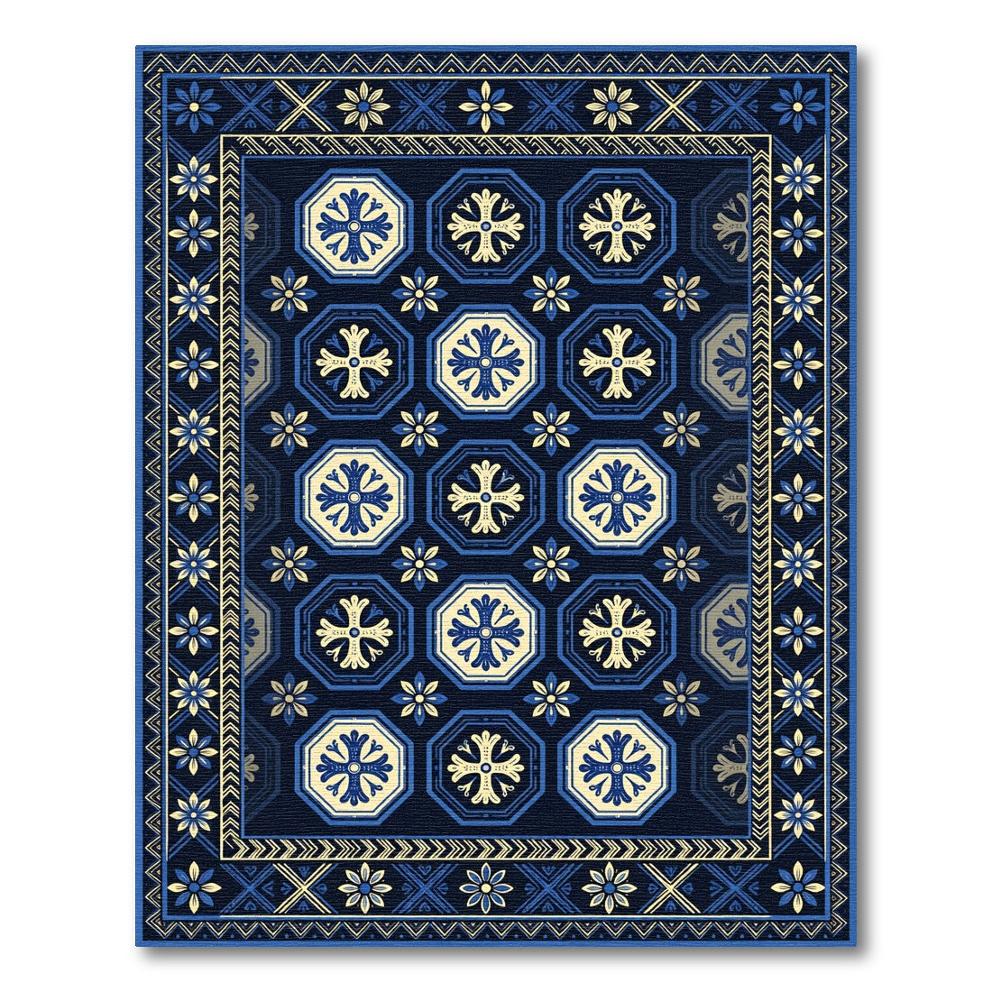 Elegant Navy and Gold Octagon Tile Rug