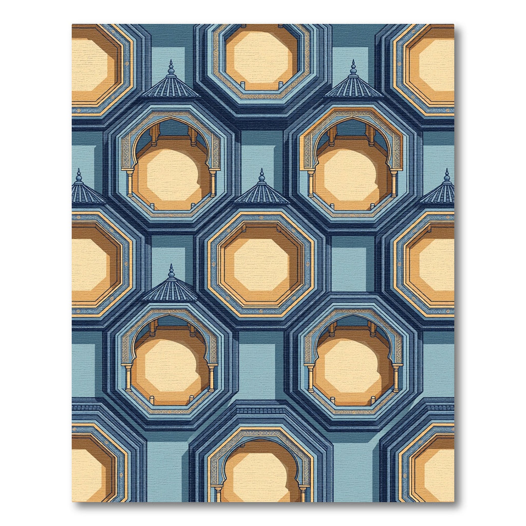 Geometric Octagonal Arch Blue Gold Architecture Structure Rug