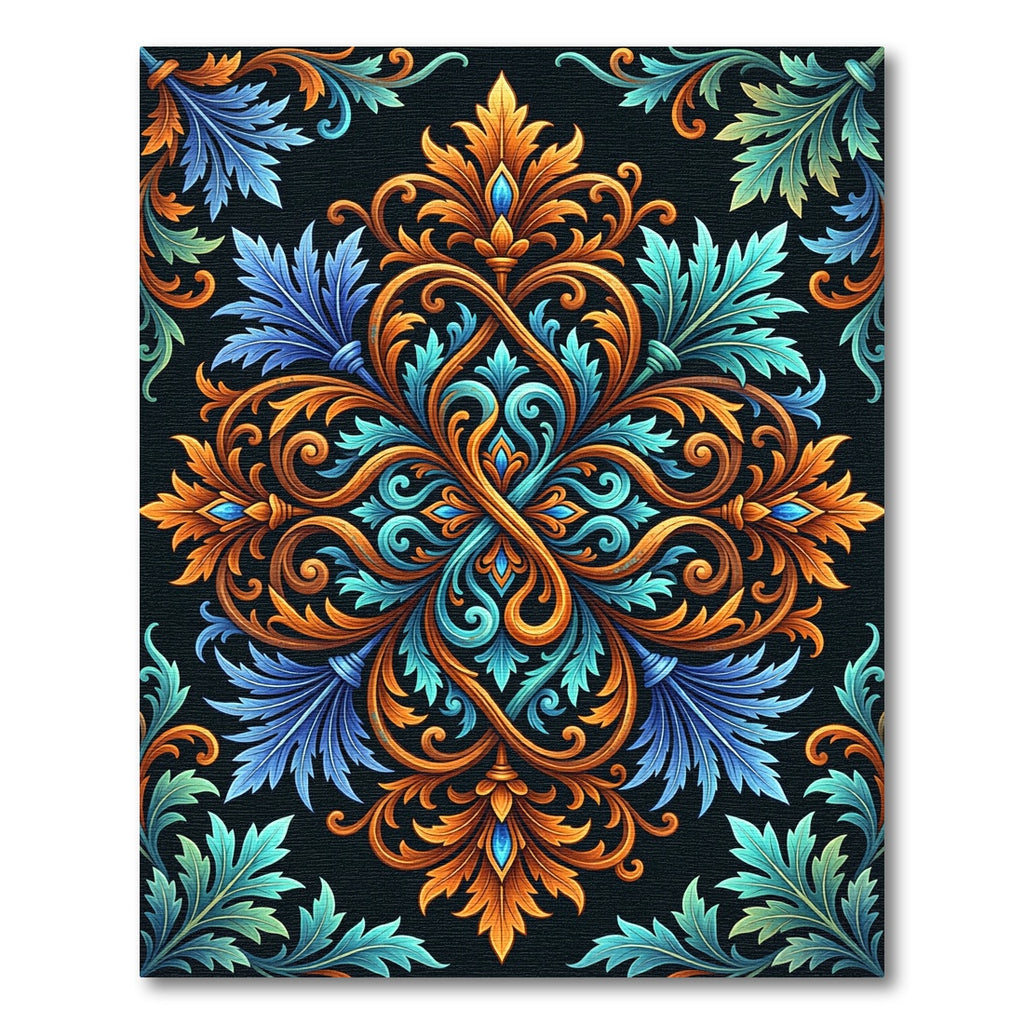 Ornate Azure and Amber Damask Swirl Rug