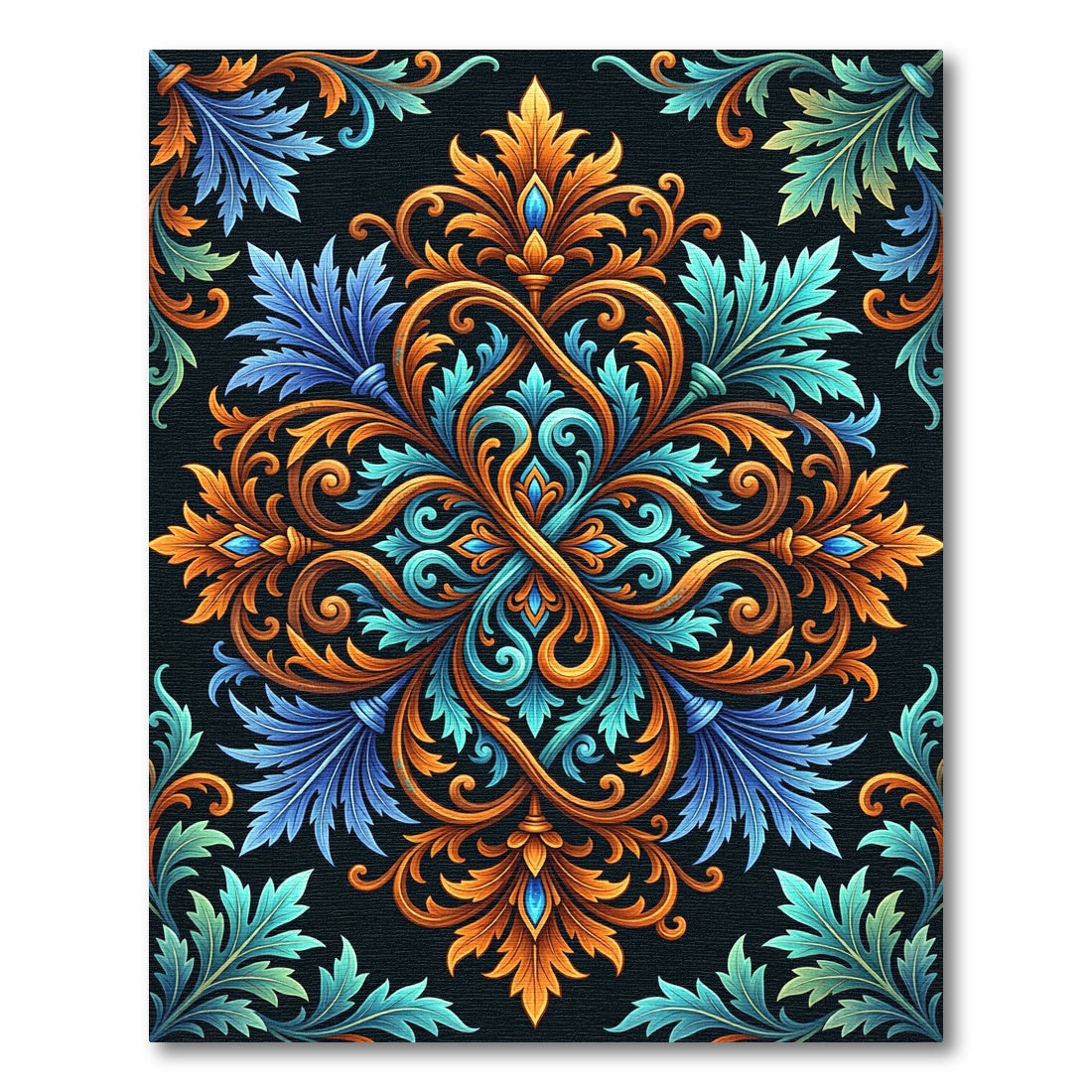 Ornate Azure and Amber Damask Swirl Rug