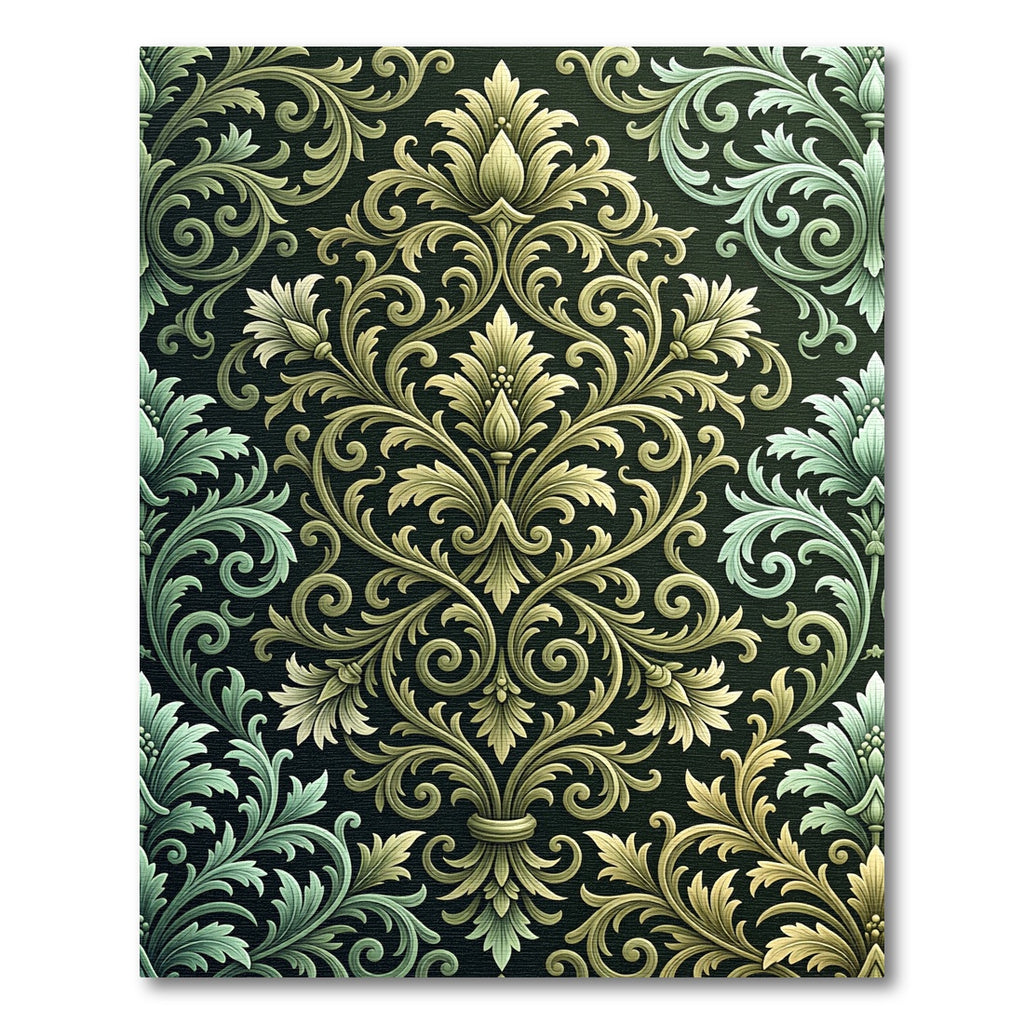 Ornate Gold Green Floral Scroll Rug