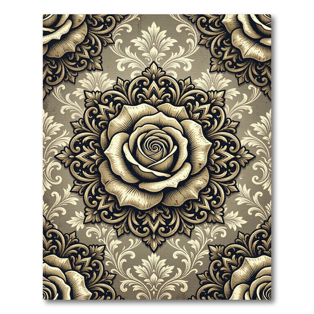 Elegant Golden Rose Damask Medallion Rug