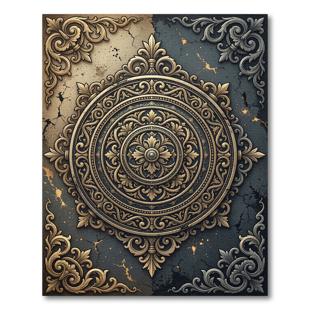 Ornate Golden Filigree Charcoal Medallion Rug