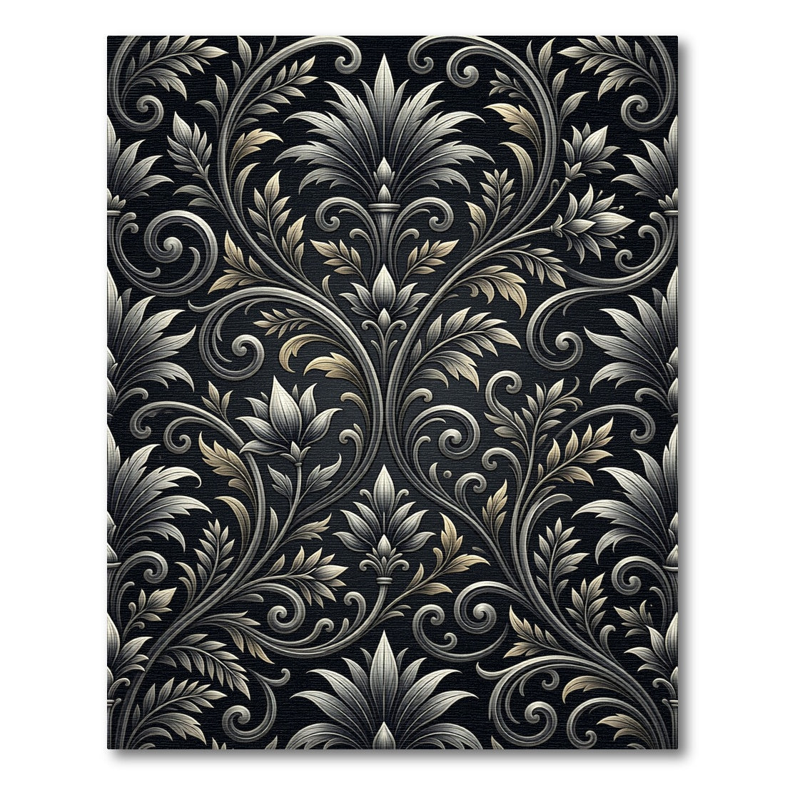 Ornate Black and Gold Acanthus Scroll Rug