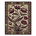 Deep Red Floral Illustration Border Rug