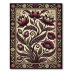 Deep Red Floral Illustration Border Rug