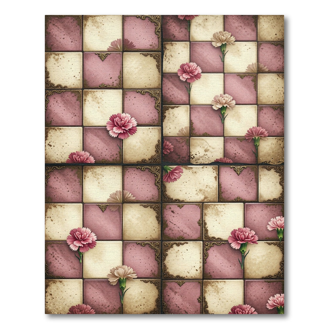 Vintage Pink Floral Checkerboard Rug