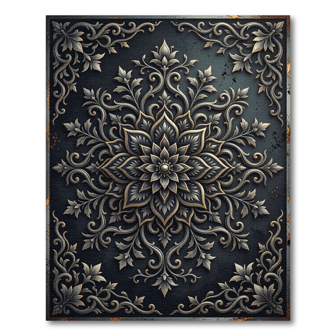 Ornate Black and Gold Medallion Rug
