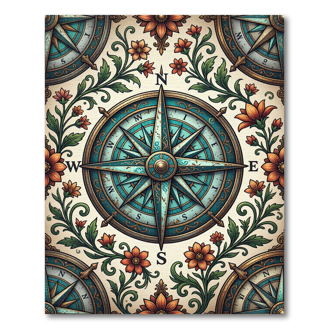 Vintage Teal Nautical Compass Floral Tile Rug