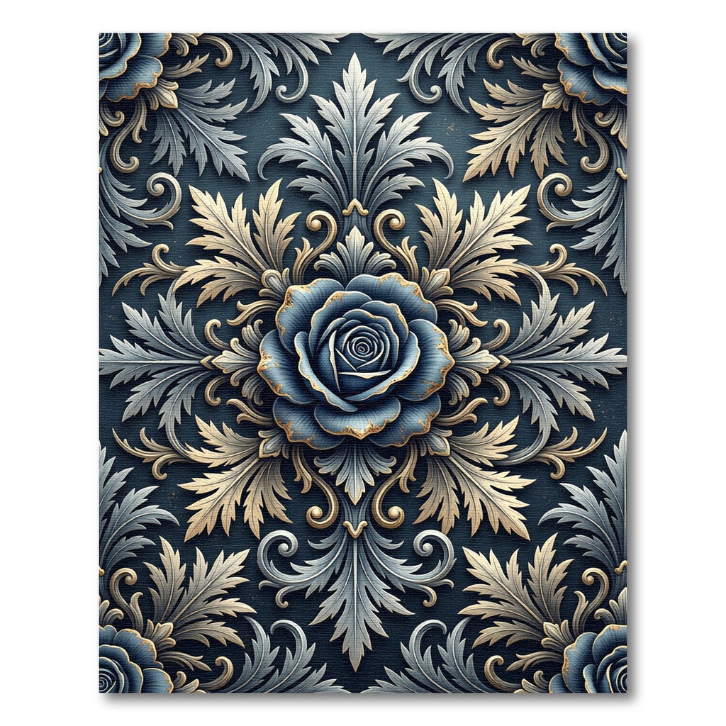 Elegant Navy Blue Rose Damask Scroll Rug