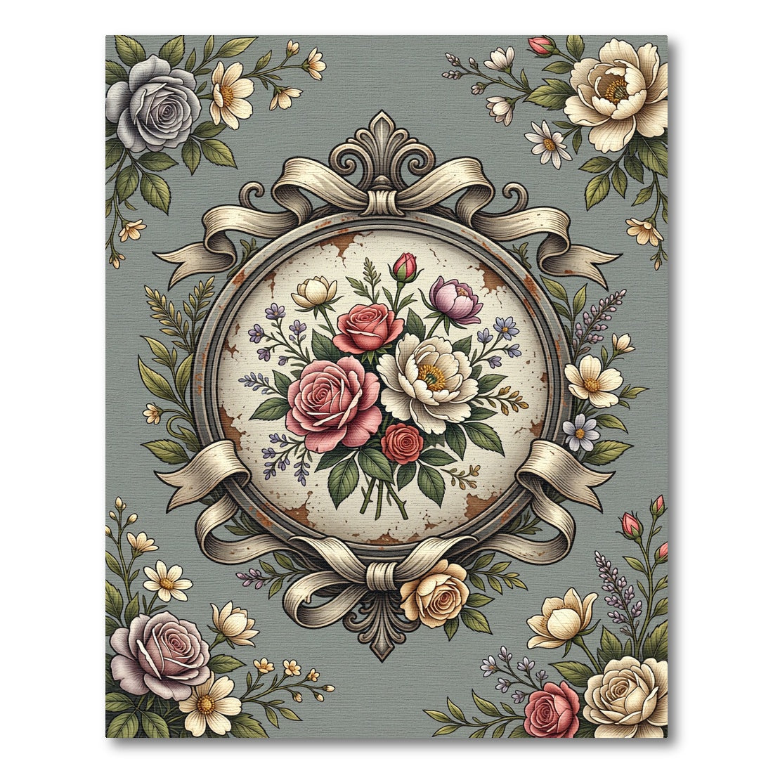 Vintage Rose Garden Oval Medallion Rug