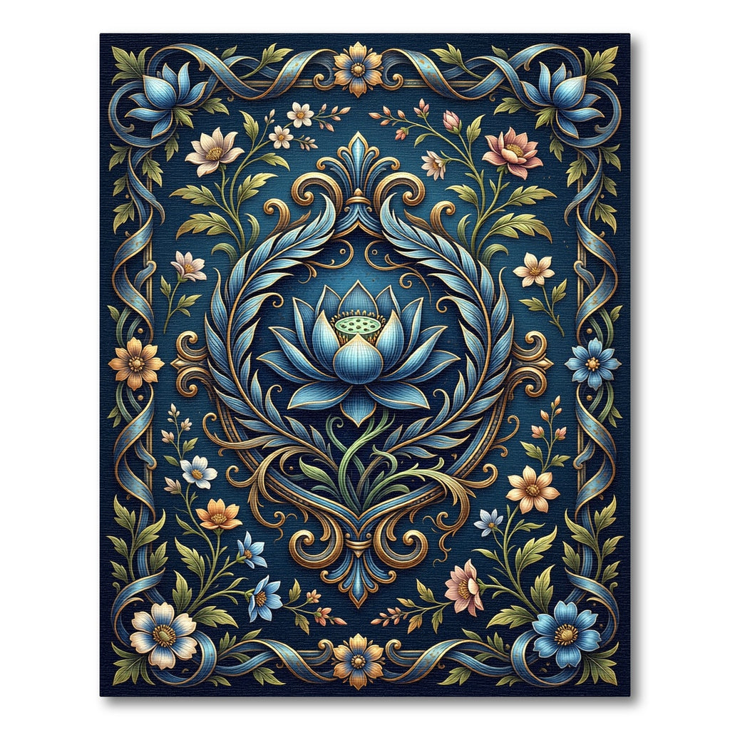 Elegant Ornate Blue Lotus Floral Medallion Rug