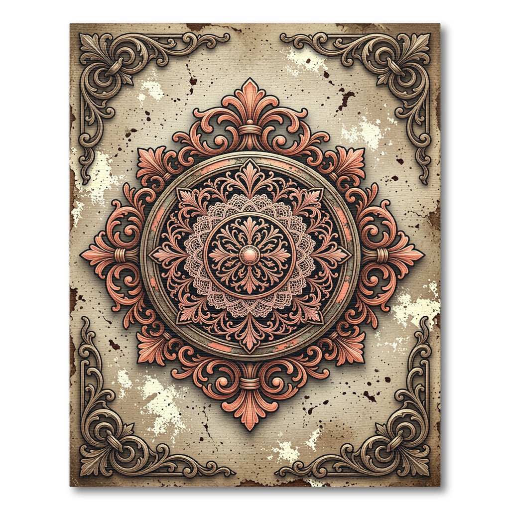 Ornate Antique Copper Damask Medallion Rug