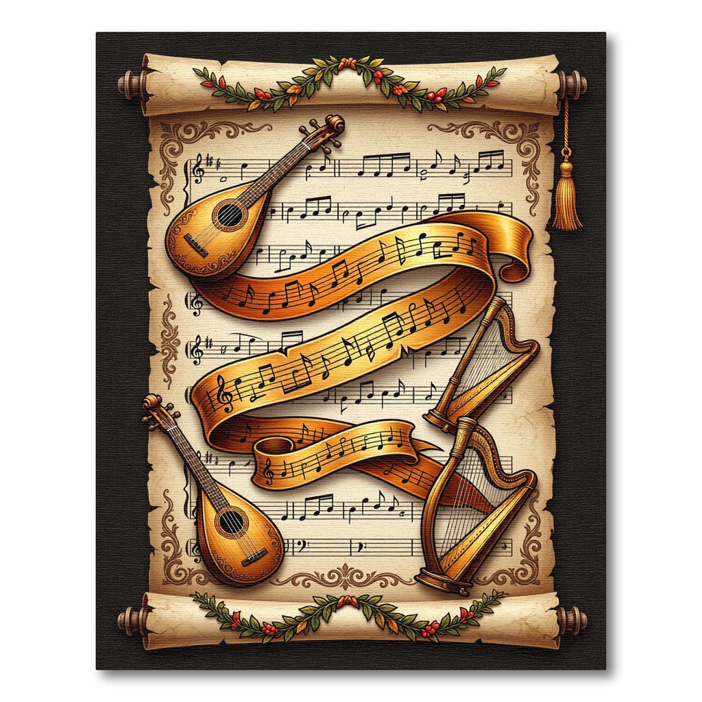 Golden Musical Scroll and Instrument Art Rug