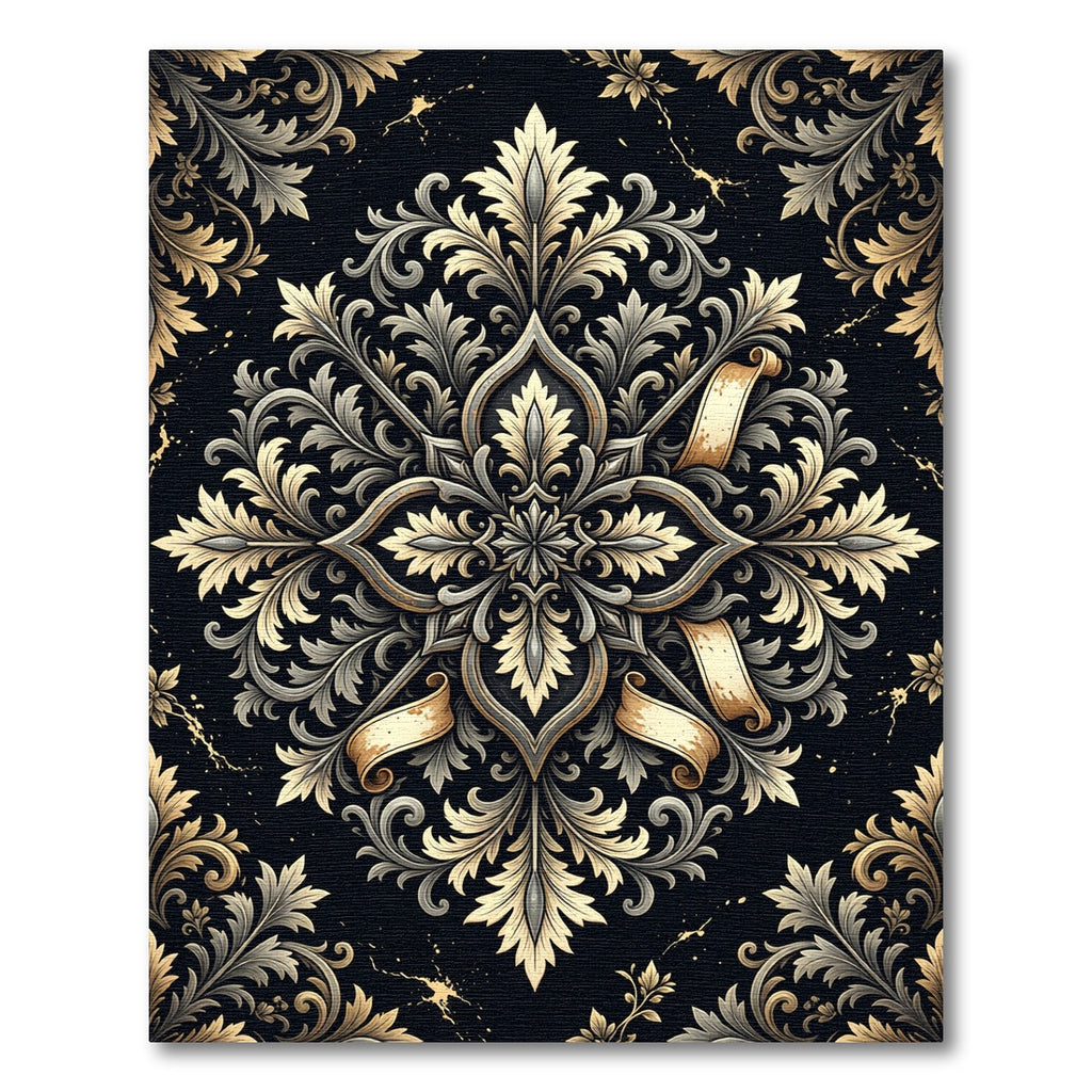 Ornate Gold and Silver Damask Medallion Rug