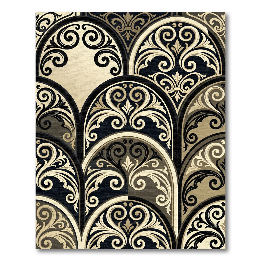 Elegant Black and Gold Damask Arch Rug