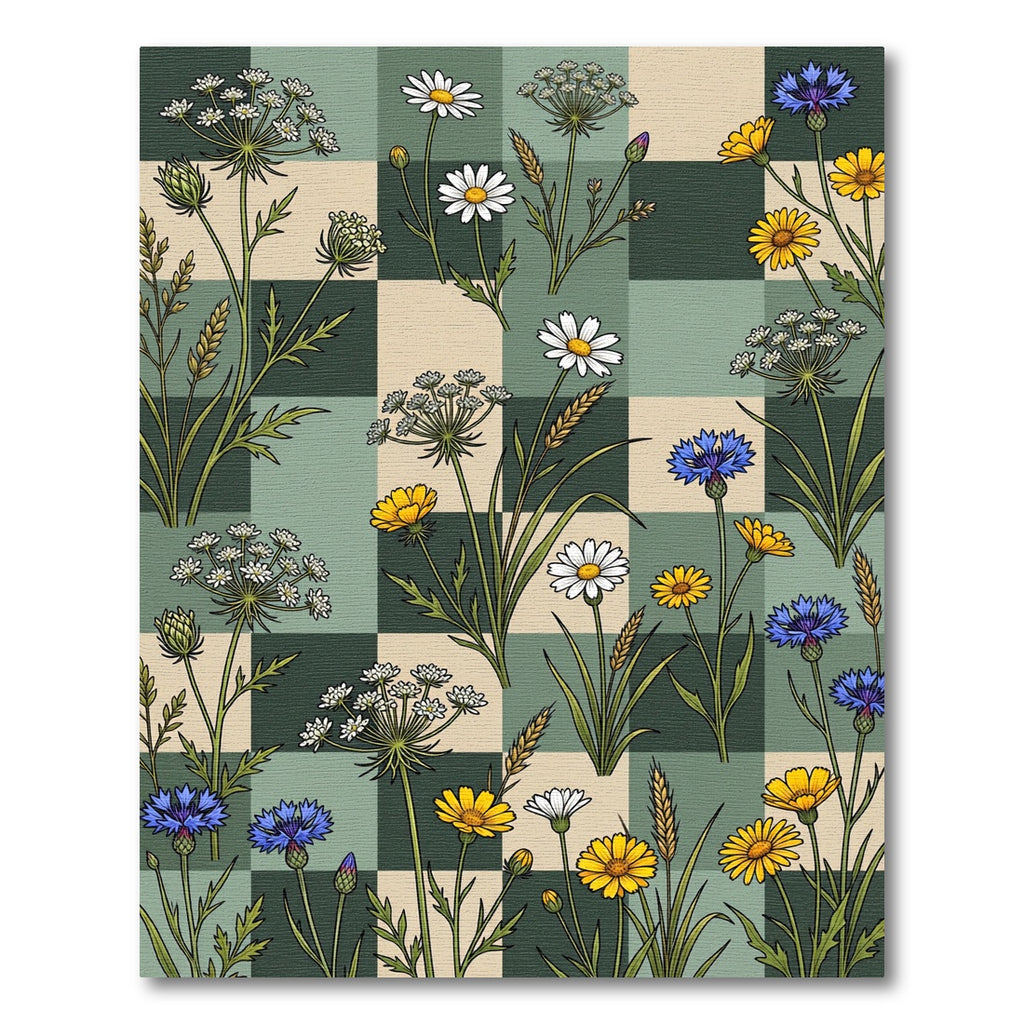 Field Flowers Checkerboard Botanical Composition Rug