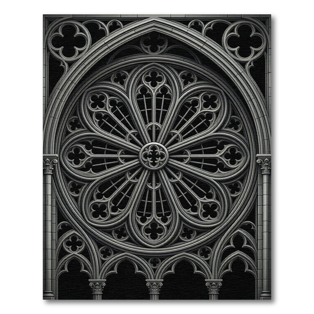 Gothic Monochrome Architectural Rose Circular Rug