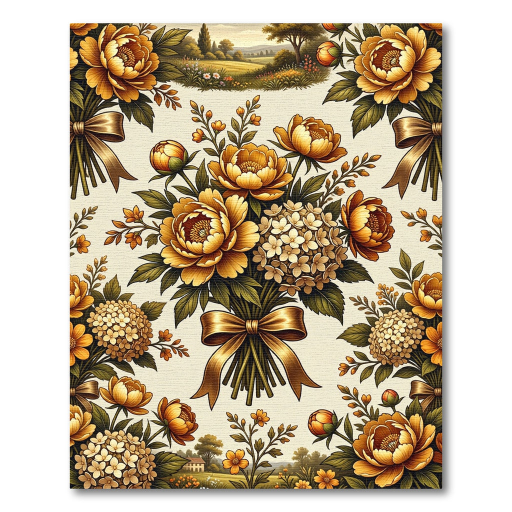 Golden Peony Bouquet with Ribbon Rug
