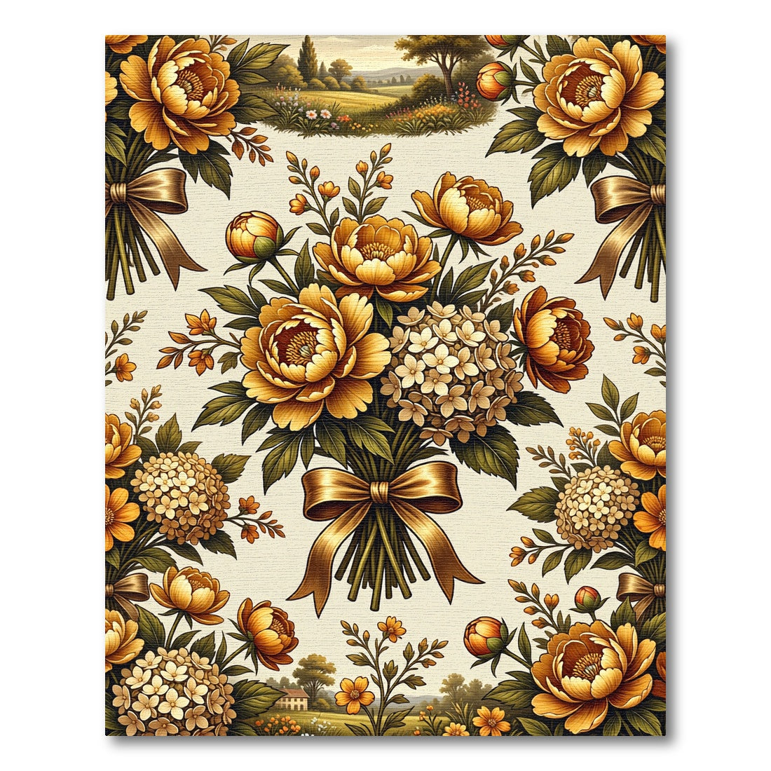 Golden Peony Bouquet with Ribbon Rug