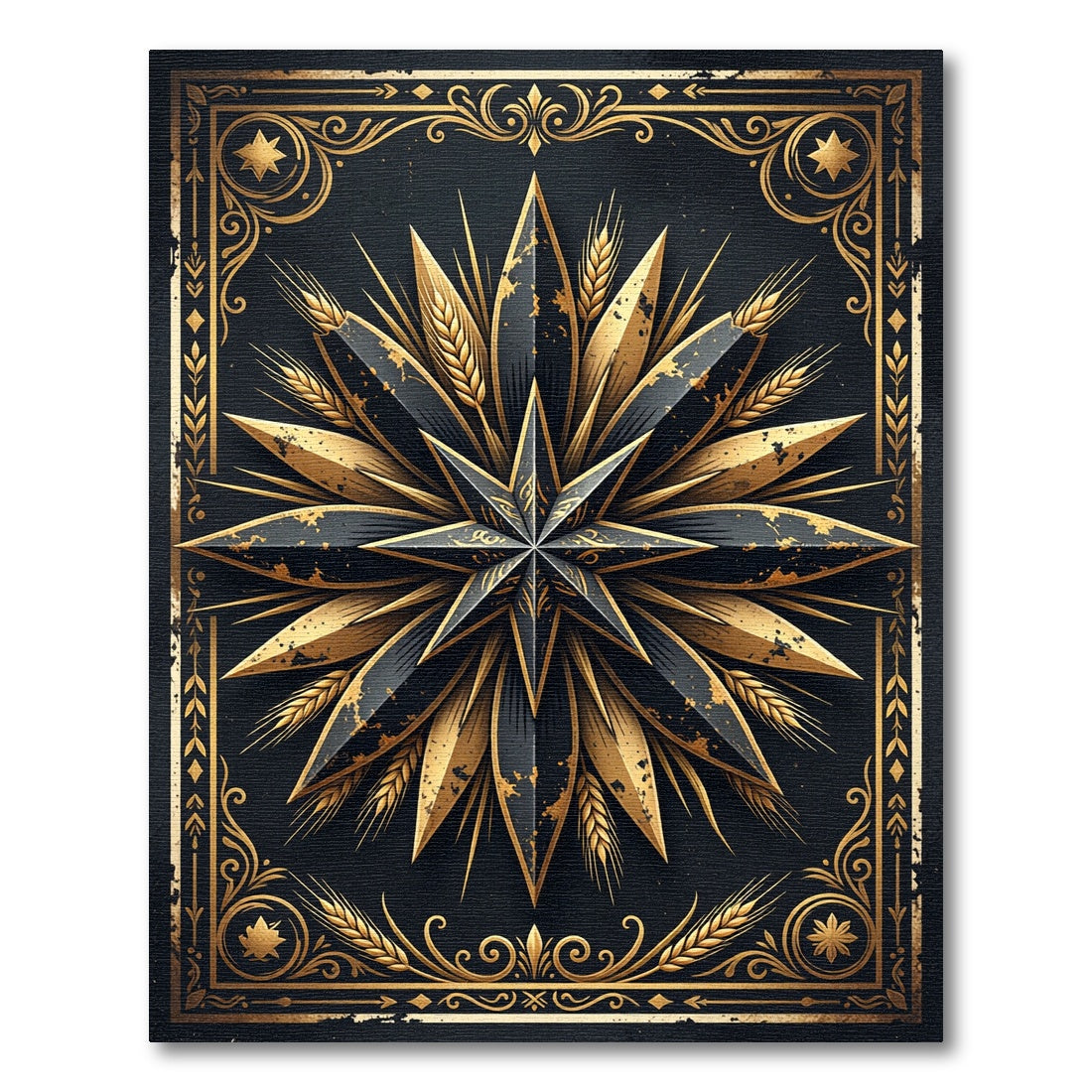 Golden Celestial Star Black Wheat Rug