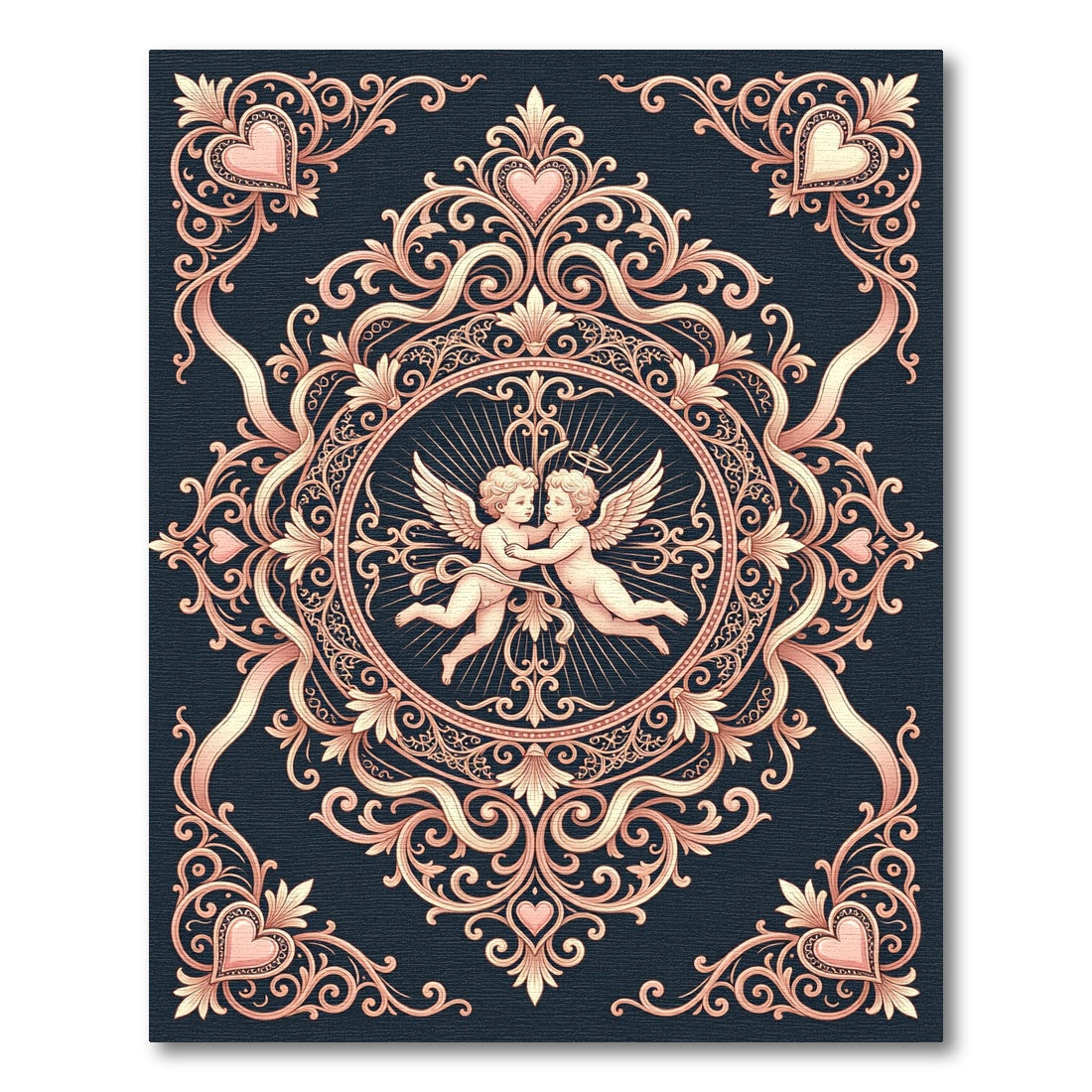 Pink Cherub Heart Scrollwork Medallion Rug