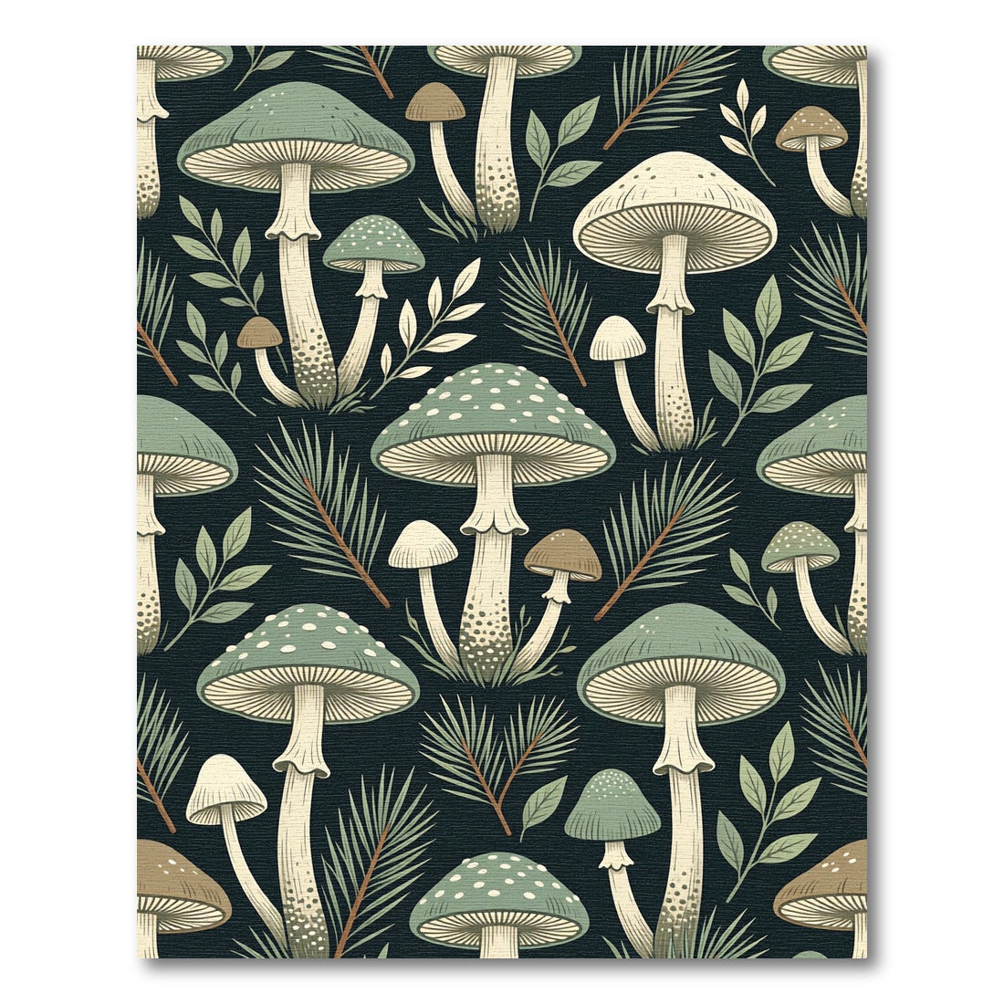 Sage Forest Mushroom Botanical Dark Background Rug
