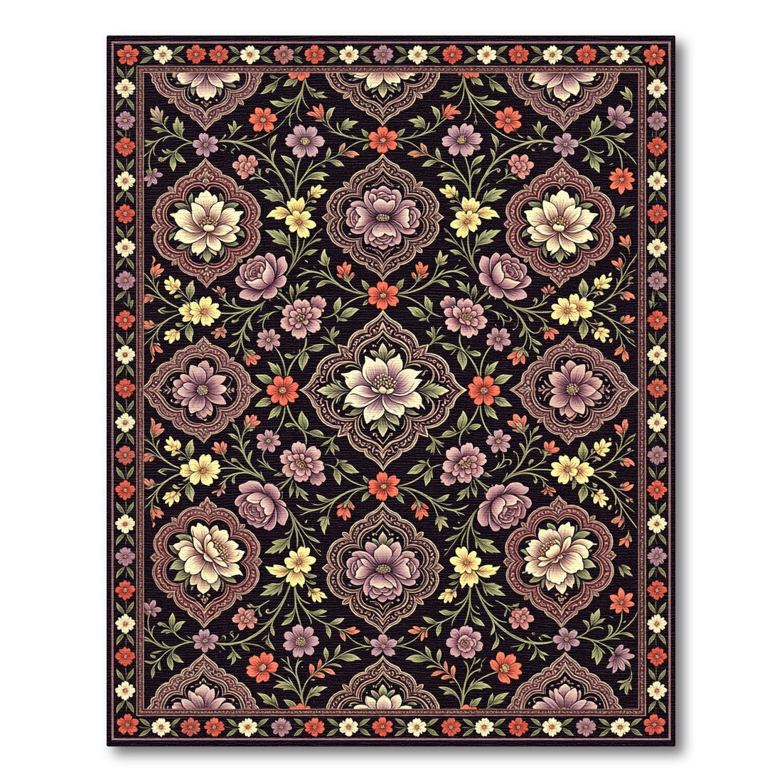 Ornate Floral Medallion Violet Yellow Rug