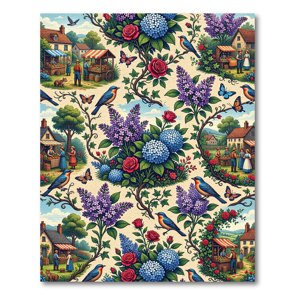 Whimsical Bluebird Village Floral Garden Rug
