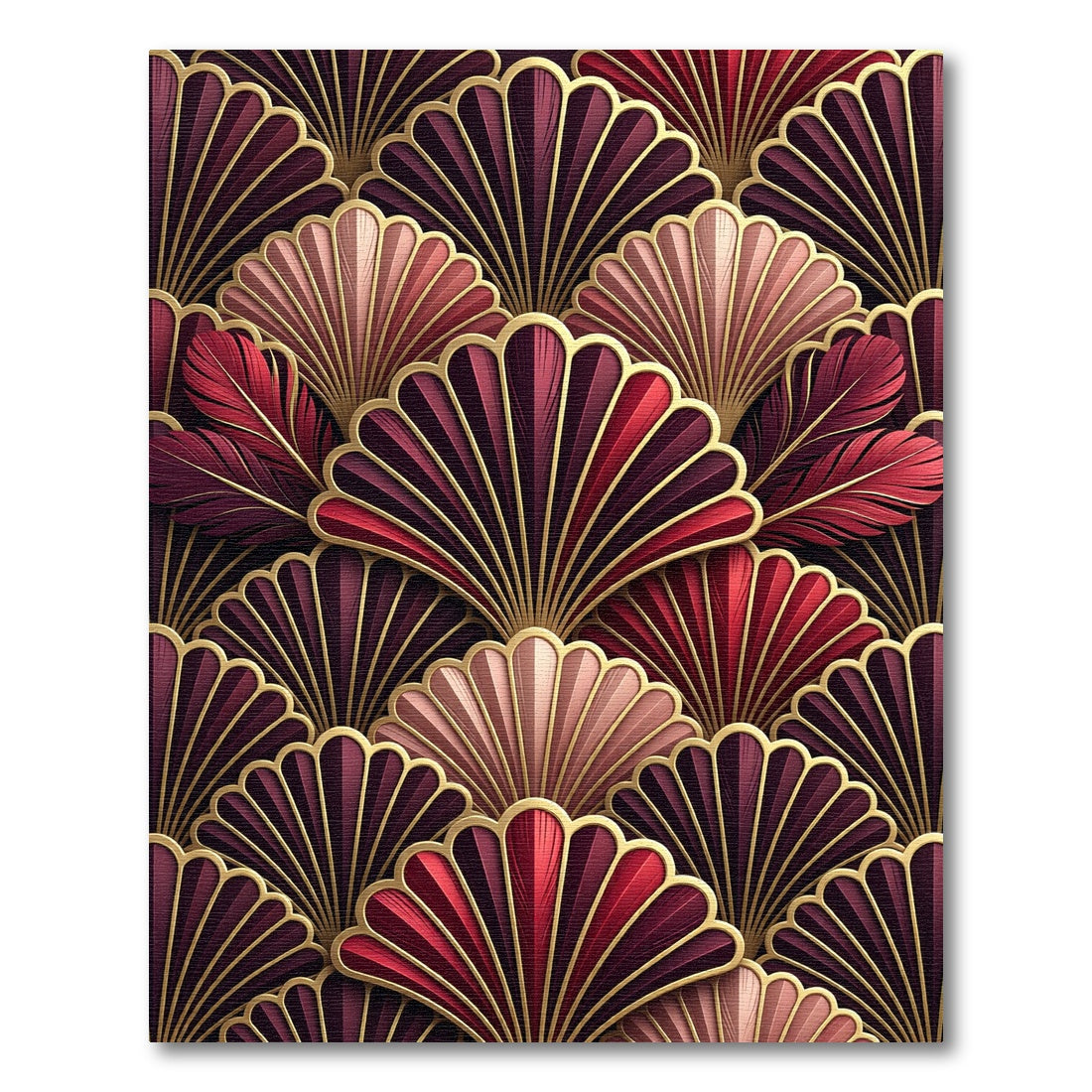 Rich Crimson Feather Fan Geometric Rug