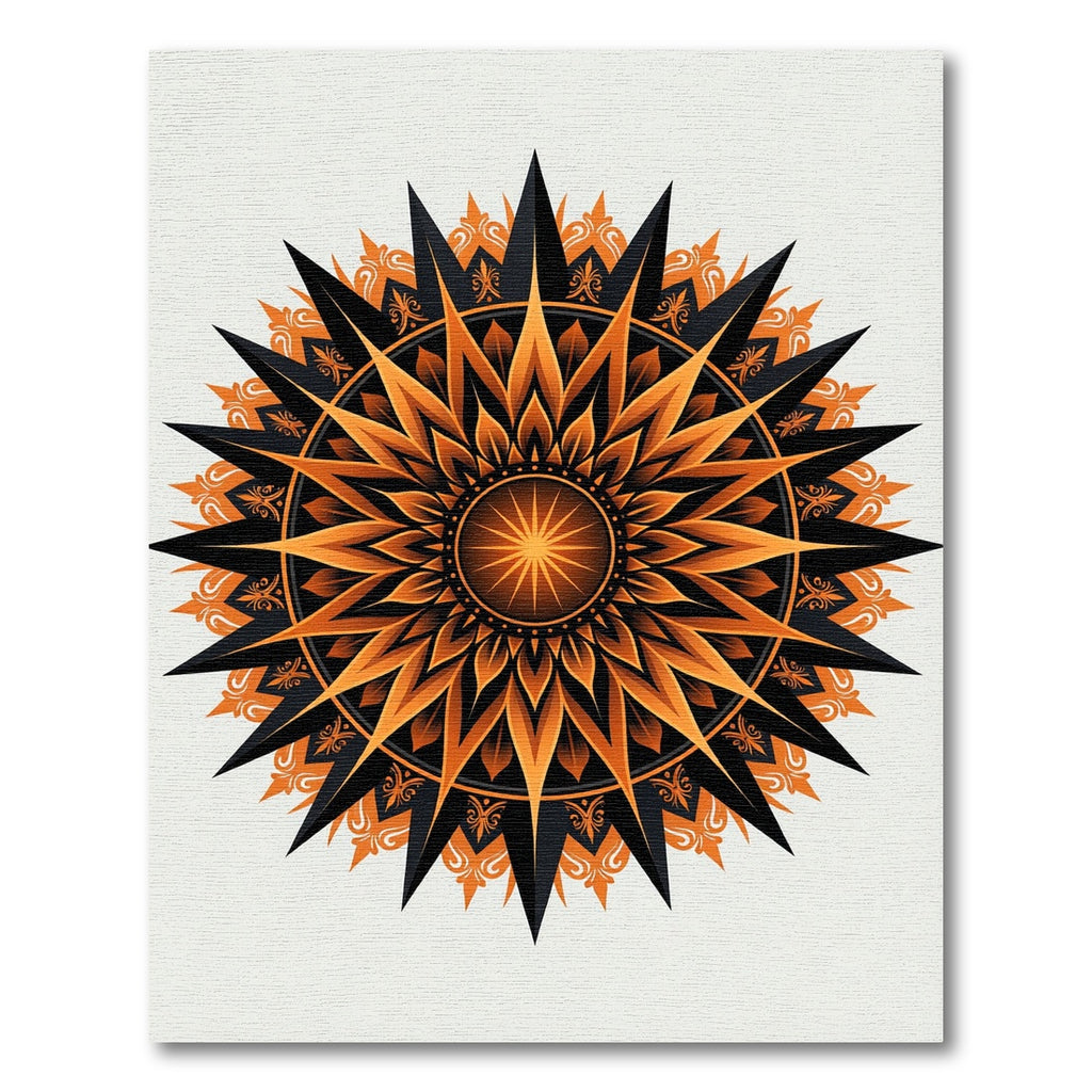 Radiant Black and Orange Sun Mandala Rug