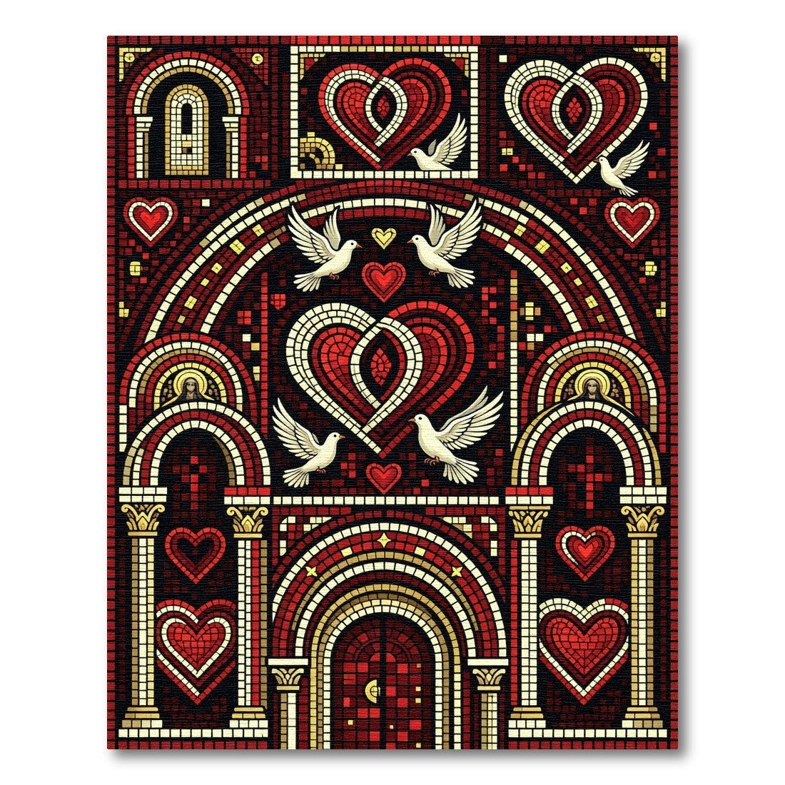 Regal Red Heart Dove Archway Mosaic Rug
