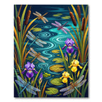Vibrant Dragonfly and Iris Pond Scene Rug