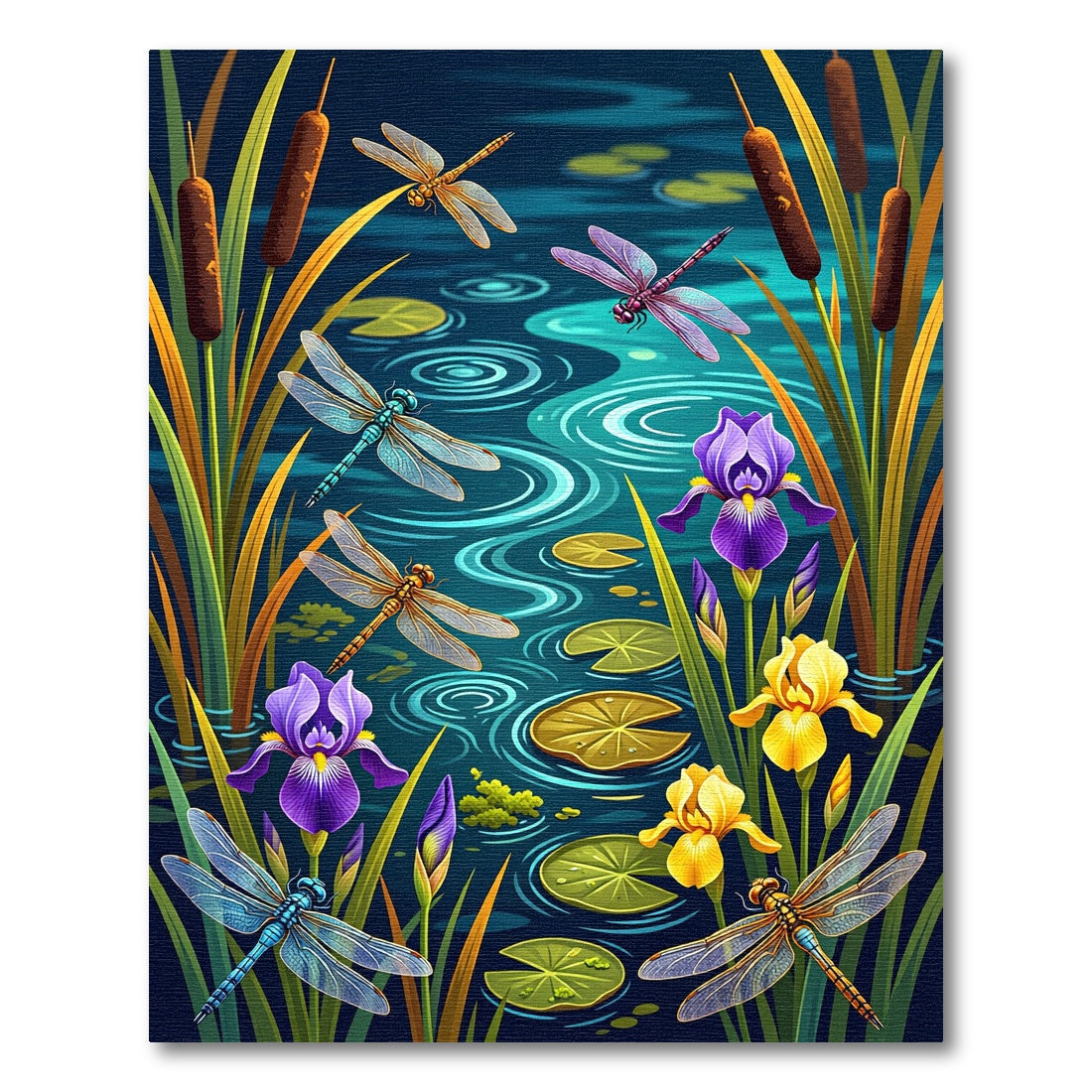 Vibrant Dragonfly and Iris Pond Scene Rug