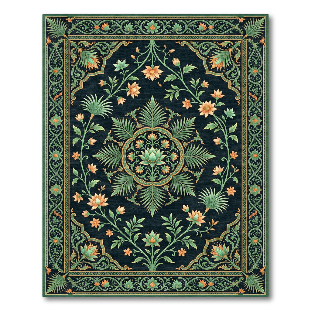 Elegant Sage Floral Lotus Medallion Rug