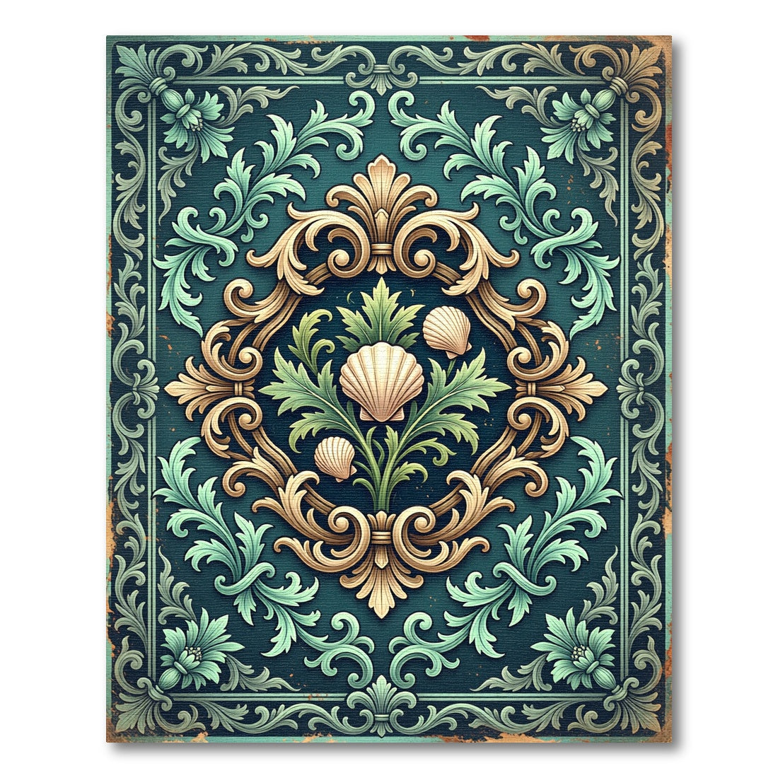 Ornate Teal Shell Botanical Scrollwork Rug