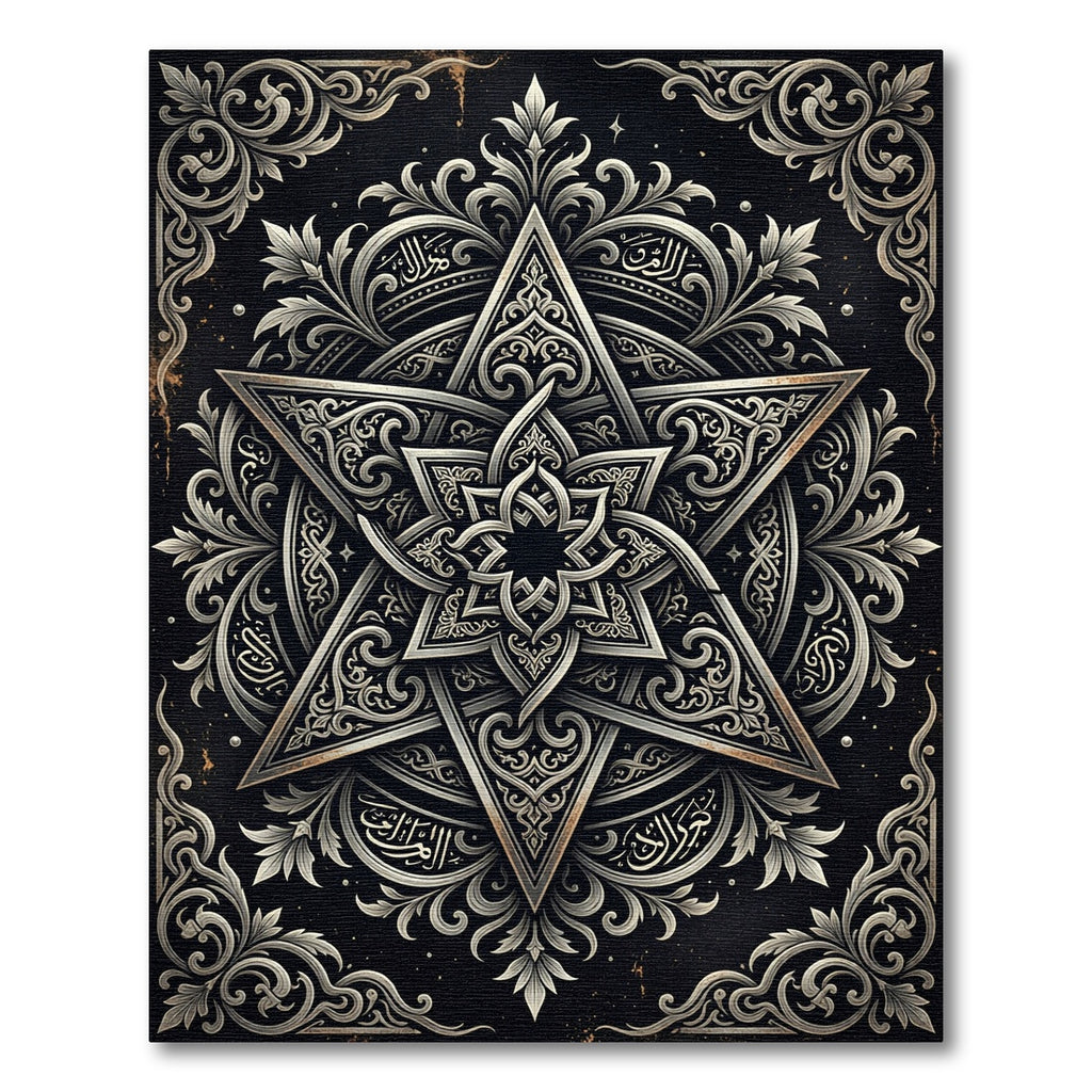 Ornate Black Silver Star Mandala Rug
