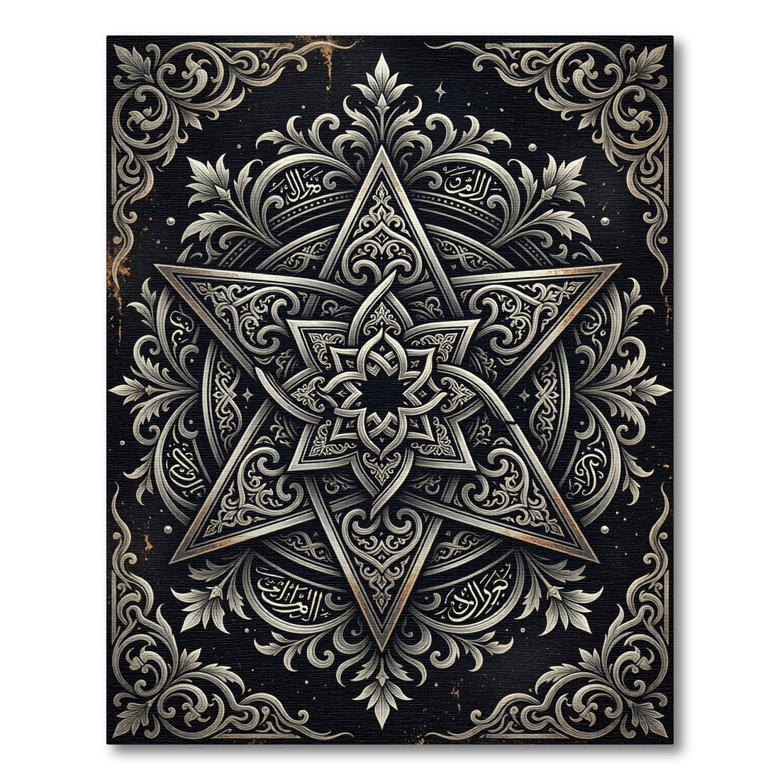 Ornate Black Silver Star Mandala Rug